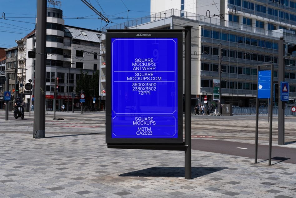 Urban plaza billboard mockup with bright blue neon screen lit up